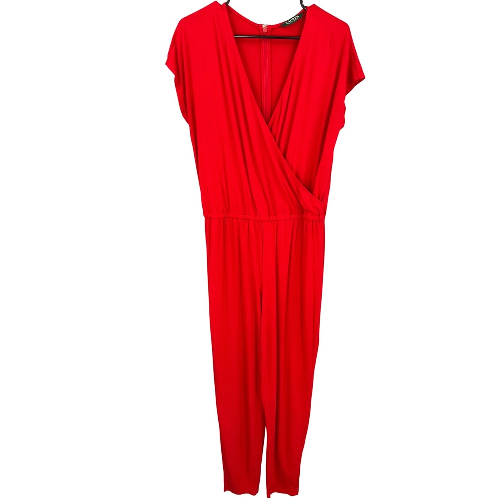 Lauren Ralph Lauren Red Jumpsuit Women's Sz L Surplice V Neck Stretch Cocktail